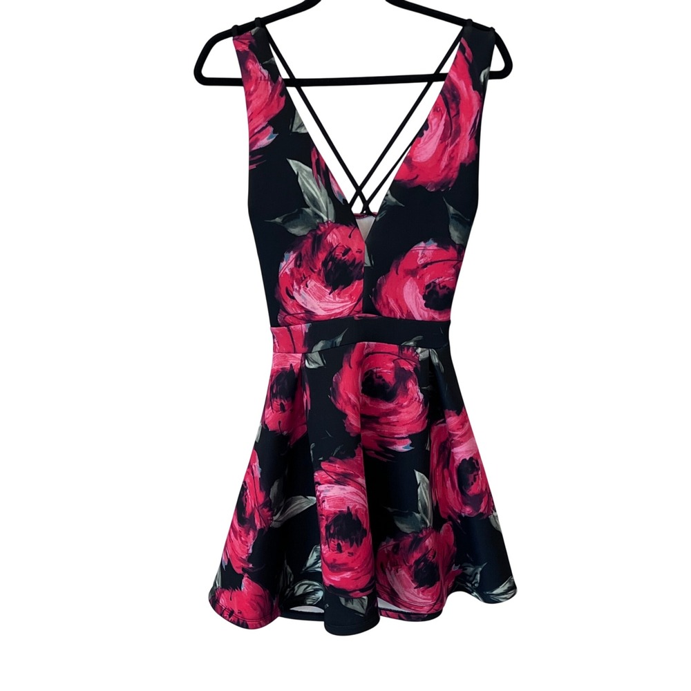 Y2K Dark Floral Rose Strappy Back Fit and Flare Retro VNeck Mini Dress L (READ)